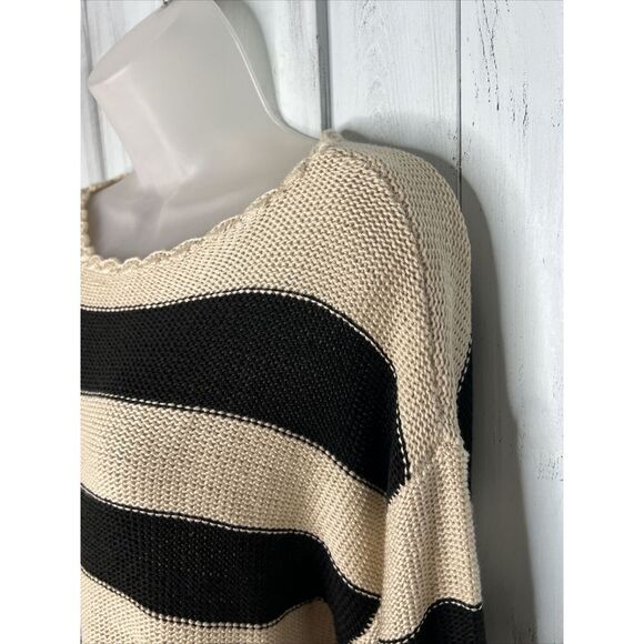 NEW WOMENS LOFT BEIGE BLACK STRIPED BOAT NECK BALLOON SLEEVE BOXY SWEATER SMALL - Picture 6 of 14